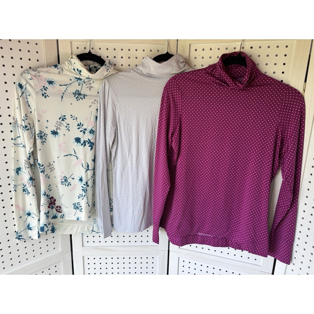 LOT/3 Lands' End Women's Small Stretch Turtlenecks‎ Pink Blue Ivory Floral Polka
